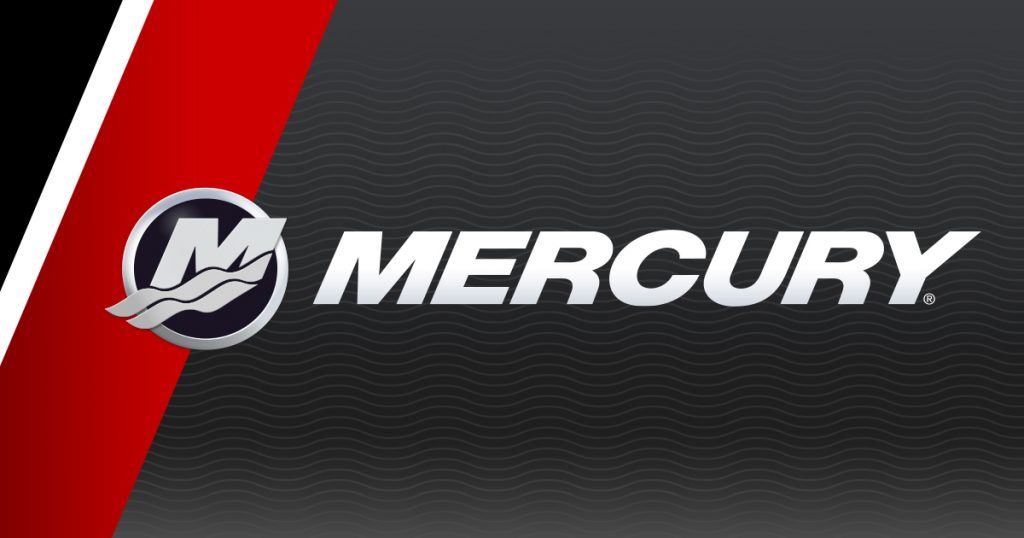 A sleek graphic with the MERCURY wordmark in large italic white letters on a dark gray background patterned with subtle wavy lines. To the left is a circular emblem showing a bold letter M above two stylized waves, bordered by a silver ring. The left edge has diagonal bands of black, white, and a red gradient.
