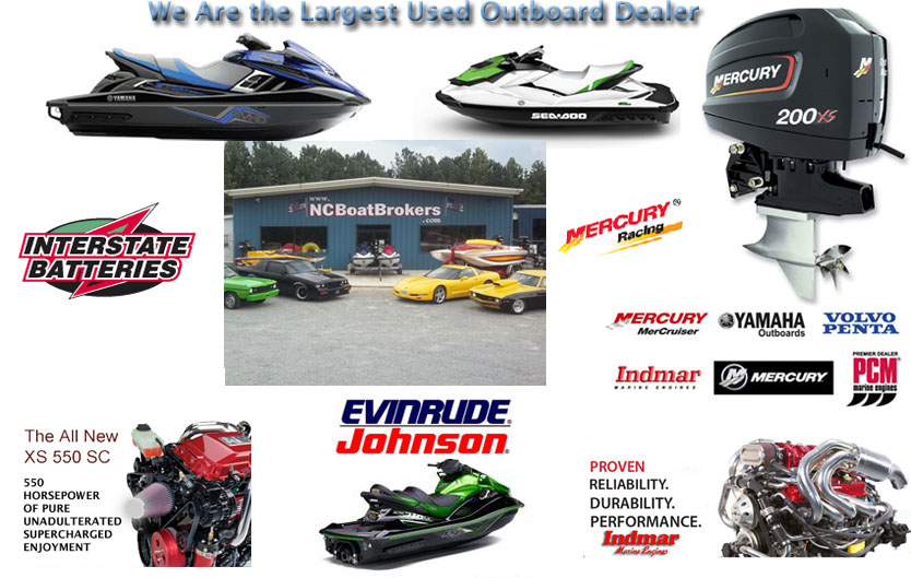 This is a document about a marine dealership advertising used outboards, personal watercraft, and engines. The collage shows multiple jet skis, a large Mercury 200 XS outboard, racing and engine images, and a storefront labeled NCBoatBrokers with watercraft displayed outside. A headline says We Are the Largest Used Outboard Dealer. Brand logos include Mercury, Mercury Racing, Yamaha Outboards, Volvo Penta, Evinrude Johnson, Indmar, PCM Marine Engines, and Interstate Batteries. Text highlights The All New XS 550 SC with 550 horsepower of supercharged enjoyment.