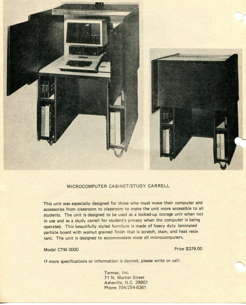 This is a document about a Microcomputer Cabinet/Study Carrell. The page shows two black and white product photos: on the left, the cabinet open with a vintage computer, keyboard, and shelves holding binders; on the right, the cabinet closed. Below is the title MICROCOMPUTER CABINET/STUDY CARRELL. A paragraph describes features, portability for classrooms, privacy doors, walnut grained laminated particle board, and compatibility with most microcomputers. It lists Model CTM-3000 and price $379.00. At the bottom is contact information for Tarmac, Inc., Asheville, North Carolina.