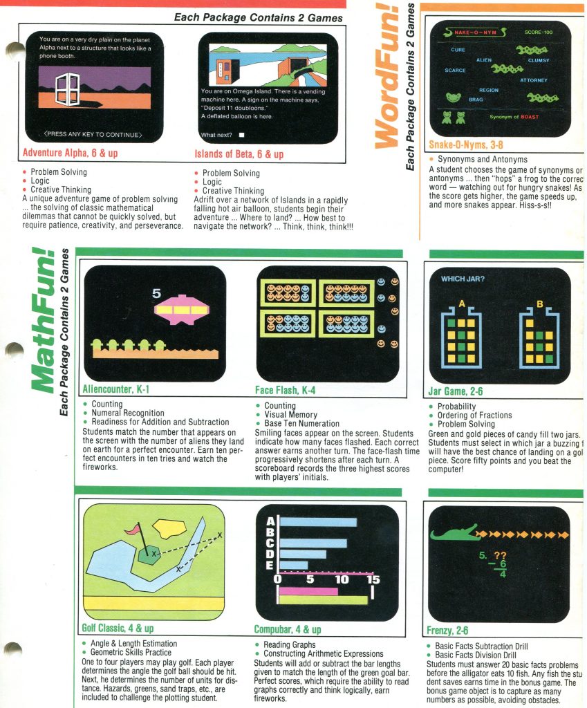 This is a document about educational computer games for children. A colorful catalog page for WordFun! and MathFun! shows screenshots with brief bullet lists. Titles include Adventure Alpha, Islands of Beta, Snake-O-Nyms, Aliencounter, Face Flash, Jar Game, Golf Classic, Compubar, and Frenzy. Each panel notes grade levels and skills such as problem solving, logic, counting, probability, reading graphs, and subtraction. The pixel art depicts scenes like a hut on a plain, a vending machine on an island, a snake spelling game, aliens, smiley faces, jars labeled A and B, a golf course, bar chart bars, and fish with numbers.