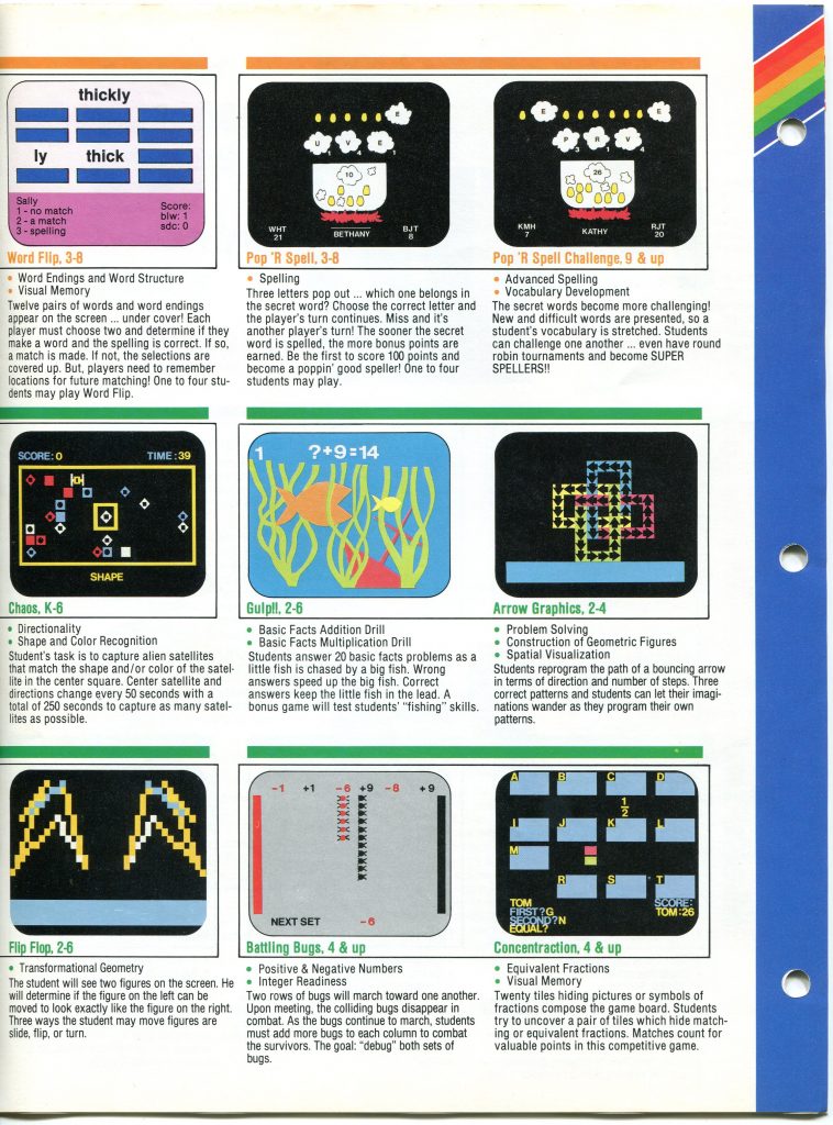 It is a document about educational computer games for children. The scanned catalog page shows colorful screenshots with titles and short descriptions, each noting grade ranges and skills. Visible programs include Word Flip, Pop n Spell, Pop R Spell Challenge, Chaos, GulP, Arrow Graphics, Flip Flop, Battling Bugs, and Concentration. Topics cover spelling, vocabulary, addition, multiplication, geometry, directionality, spatial visualization, positive and negative numbers, and equivalent fractions. The layout uses black rounded screenshot frames with text blocks below. The right edge has a blue margin with a rainbow stripe and round punched holes.
