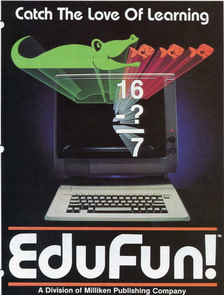 It is a document about an advertisement promoting EduFun educational software. The top reads Catch The Love Of Learning. A retro computer with a CRT monitor shows a green cartoon alligator and four red fish streaking across the screen, plus a vertical math puzzle with 16, ?, and 7. The large word EduFun! spans the bottom between orange lines, above the tagline A Division of Milliken Publishing Company. The scene has a dark gradient background that highlights the computer.