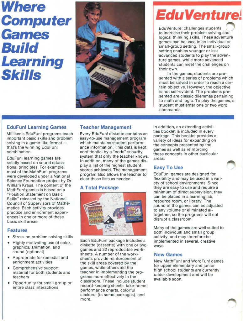 This is a document about educational computer games for schools, branded EduFun and EduVenture, promoting learning skills. A large blue headline appears at left and a red EduVenture header at top right. A central photo shows a teacher and two students using an early personal computer. Text blocks describe features, teacher management, and a total package with diskette or cassette games and 32 reproducible worksheets, plus stickers and record keeping sheets. Bullet points highlight problem solving, flexibility, enrichment, and small group use. Additional sections mention extending activities, easy to use setup, and upcoming MathFun and WordFun titles.