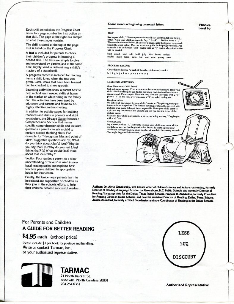 This is a document about a phonics and reading guide for parents and children. The right side is titled Knows sounds of beginning consonant letters with sections for Test, Progress Record, and Learning Activities, plus small drawings of a TV and a sack with school items. The left side explains the Progress Chart, skills, comprehension, and suggested parent questions. The bottom lists authors and an offer: A Guide for Better Reading $4.95 each from Tarmac, 71 North Market St., Asheville, North Carolina. A large circle states LESS 50 percent DISCOUNT. Page has binder holes.