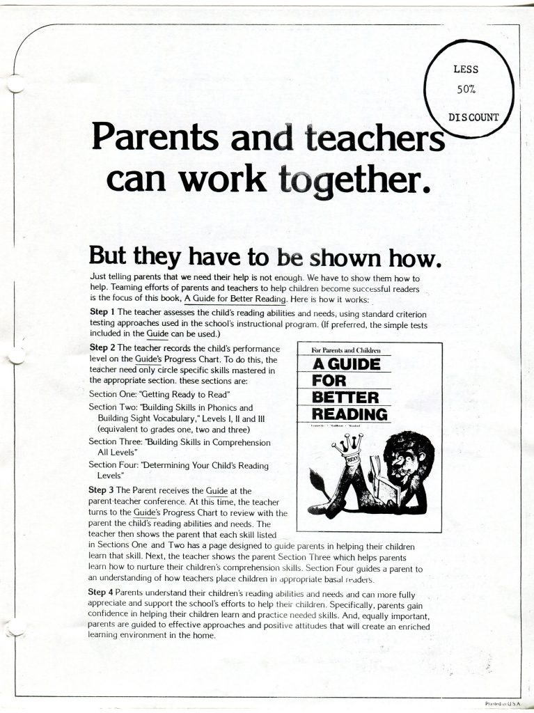 This is a document about a parent teacher reading program. The page features a large headline, Parents and teachers can work together, followed by the subhead, But they have to be shown how. A circular badge at the top right reads LESS 50% DISCOUNT. The body text explains steps introducing a book titled A Guide for Better Reading, with sections on getting ready to read, phonics and sight vocabulary levels I III, comprehension, and determining reading levels. A small image of the booklet with a child drawing appears at right. Simple border and punch holes on the left.