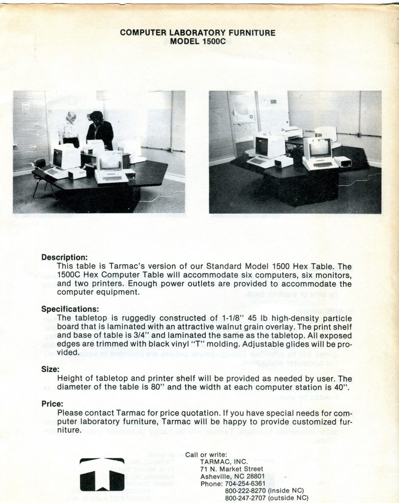 This is a document about computer laboratory furniture, specifically Model 1500C. It looks like a scanned product flyer. The top shows the title and two black and white photos of a hexagonal table set up with multiple vintage computers, monitors, and printers; two people stand near the setup. Below, text sections labeled Description, Specifications, Size, and Price outline the table features and capacity. The bottom includes a company logo and contact information for Tarmac, Inc., with an Asheville, NC address and phone numbers.