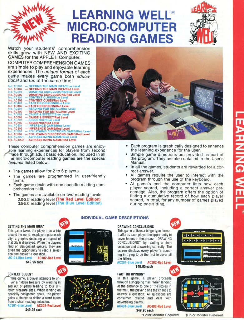 This is a document about educational computer reading games for the Apple II titled Learning Well Micro-Computer Reading Games. A large photo shows three children using an Apple II with a TV monitor, keyboard, and stacks of boxed game materials. Headings and red NEW bursts highlight the products. The left side lists many game titles with Blue and Red level editions and reading ranges. Bulleted features explain 2 to 6 players, user friendly terms, keyboard interaction, and score records. The bottom shows four small game screenshots with brief descriptions and prices of 49.95 each.