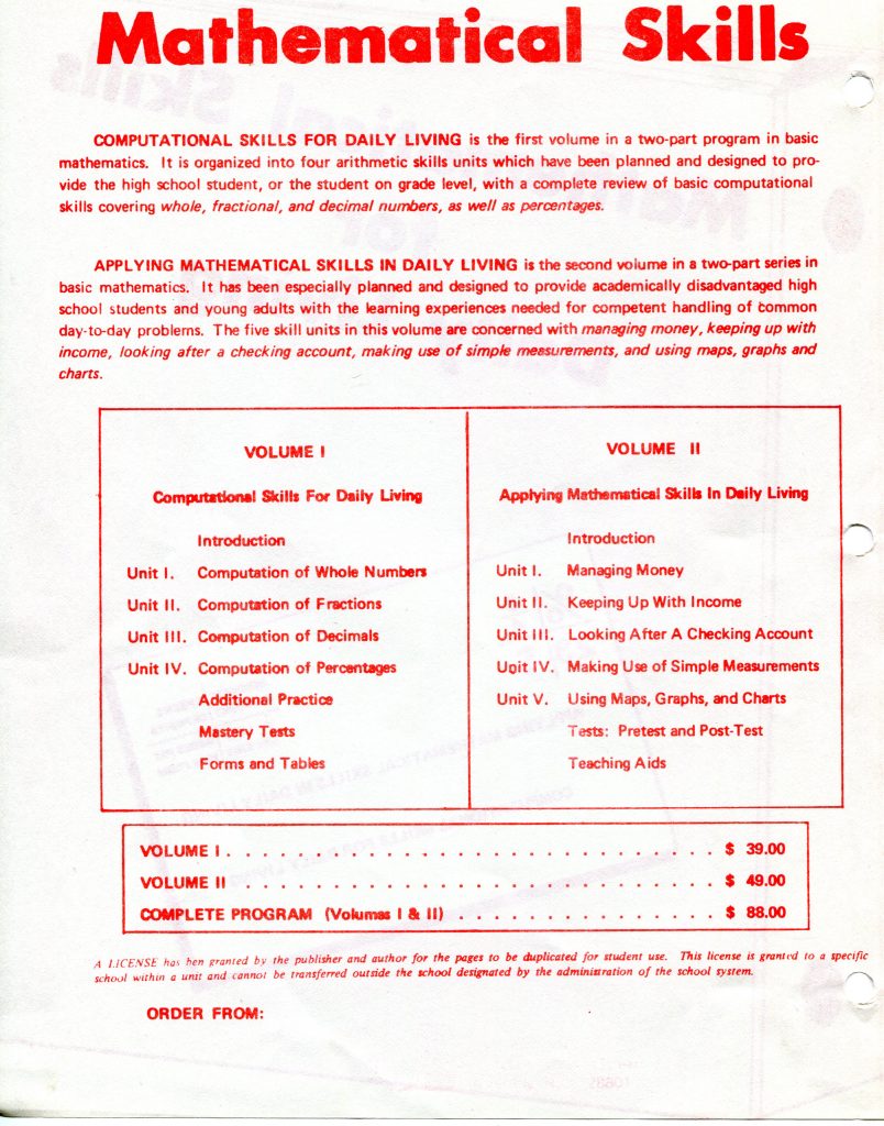 This is a document about a two volume program titled Mathematical Skills. The page is a red and white flyer describing Volume I: Computational Skills for Daily Living, with units on whole numbers, fractions, decimals, percentages, plus practice, mastery tests, forms and tables. Volume II: Applying Mathematical Skills in Daily Living, with units on managing money, keeping up with income, checking accounts, simple measurements, and using maps, graphs, and charts, plus tests and teaching aids. A price box lists Volume I 39.00, Volume II 49.00, Complete Program 88.00. There is licensing text and an Order From line.
