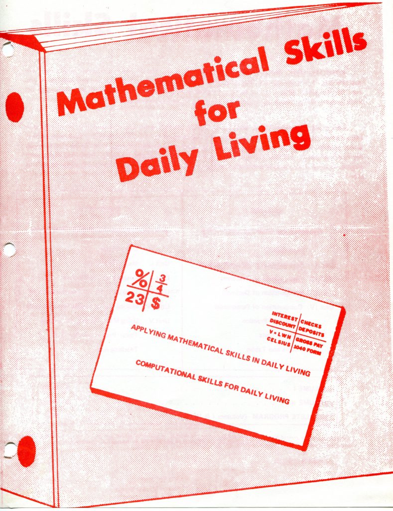 It is a document about mathematical skills for daily living. The red and white cover has a halftone look with three binder holes on the left. Large angled text says Mathematical Skills for Daily Living. A slanted card shows symbols %, 3 over 4, 23, and a dollar sign, with the phrases Applying Mathematical Skills in Daily Living and Computational Skills for Daily Living. A small list notes topics such as interest, discount, celsius, checks, deposits, gross pay, and 1040 form.