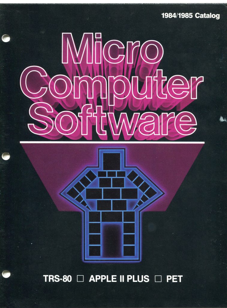 It is a document about microcomputer software, a 1984/1985 catalog cover. Large pink outlined text reads Micro Computer Software on a black background with a magenta geometric panel. In the center is a blue neon, blocky human figure made of rectangles. The top right says 1984/1985 Catalog. The bottom lists TRS-80, Apple II Plus, and PET with small square checkboxes. Three round binder holes appear along the left edge, indicating a scanned, punched catalog page.