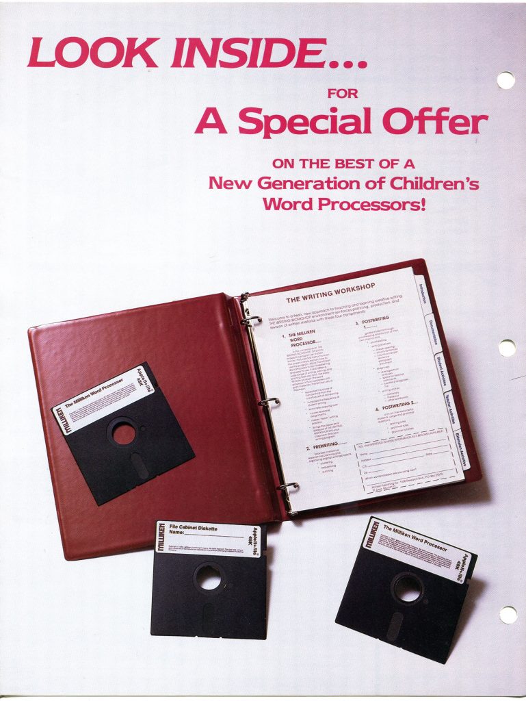 It is a document about a special offer promoting a new generation of childrens word processors. The white page features a large magenta headline reading Look Inside... A Special Offer. At the bottom is a burgundy three ring binder opened to a page titled The Writing Workshop with section tabs. Surrounding it are three 5.25 inch floppy disks labeled The Milliken Word Processor and File Cabinet Diskette. The sheet has three hole punches along the right edge, resembling a catalog or flyer, with a clean layout and ample white space.
