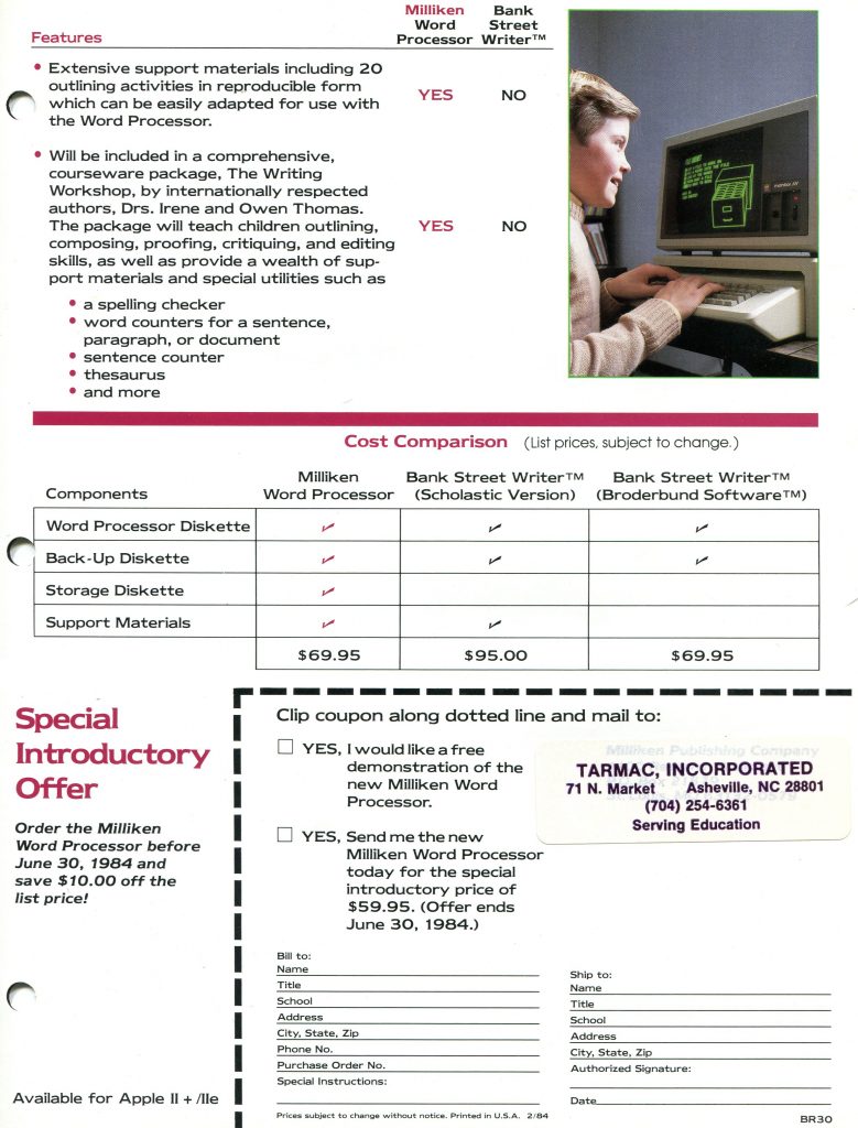 This is a document about a promotional flyer for the Milliken Word Processor for Apple II and IIe, comparing it with Bank Street Writer. The page lists features such as support materials, a Writing Workshop package, spelling checker, word counters, sentence counter, and thesaurus, marked YES for Milliken and NO for Bank Street Writer. A photo shows a child using a vintage computer. A cost comparison table shows Milliken 69.95, Bank Street Writer Scholastic 95.00, and Broderbund 69.95. The bottom has a special introductory price of 59.95 before June 30, 1984 and a mail in coupon.