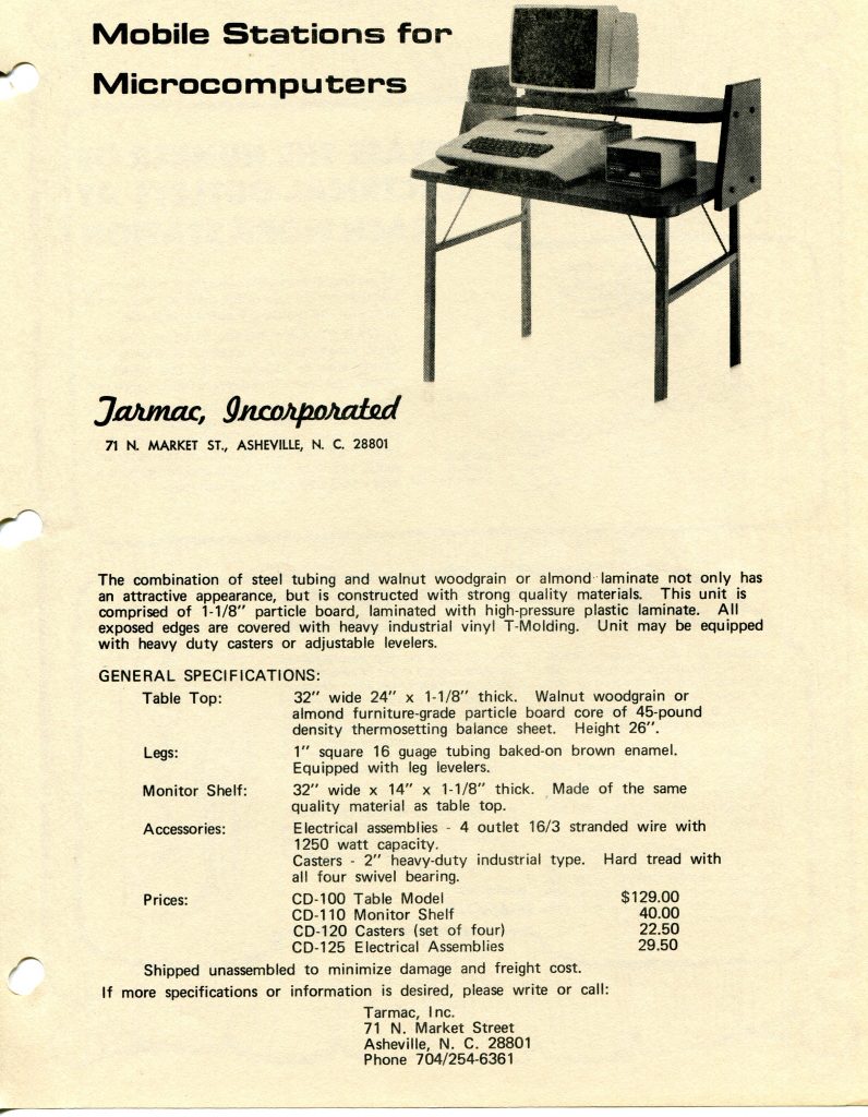 This is a document about a mobile station desk for microcomputers. The page headline reads Mobile Stations for Microcomputers. A black and white photo shows a small workstation with a monitor shelf and a table holding a computer keyboard unit and a peripheral device. The company is Tarmac, Incorporated, 71 N. Market St., Asheville, N. C. 28801. Text details steel tubing legs, walnut woodgrain or almond laminate 1 1/8 inch particle board, and optional casters or levelers. Specifications and prices appear: CD-100 129.00, CD-110 40.00, CD-120 22.50, CD-125 29.50. Phone 704/254-6361.