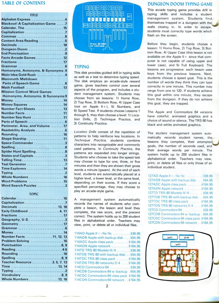 This is a document about an educational typing program and the Dungeon Doom Typing Game. It appears as a scanned brochure page with three columns: a Table of Contents listing lessons and topics, a Typing section describing drills, speed tests, and a student management system, and a Dungeon Doom description covering gameplay and supported platforms. A blue keyboard diagram with the words Press RETURN to continue sits near the top. At the bottom right is a small screenshot of the game inside a monitor frame. A price list for Apple, TRS-80, and Commodore 64 versions runs along the right side.