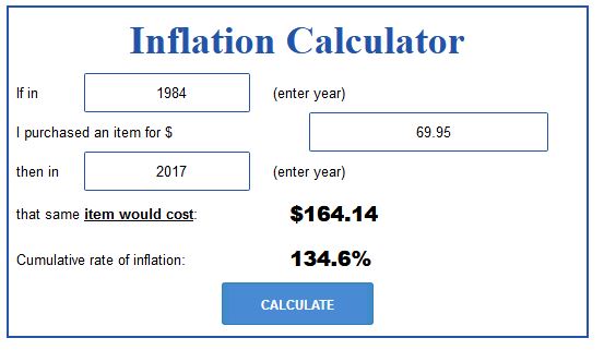 The image shows a webpage styled calculator titled Inflation Calculator within a thin blue border. It includes input fields filled with 1984 for the starting year and 69.95 for the purchase price, labeled enter year and I purchased an item for $. Another field shows 2017 as the comparison year. The displayed results state that the same item would cost $164.14 and the cumulative rate of inflation is 134.6%. A blue rectangular CALCULATE button appears centered near the bottom. The text is mostly blue and black with bold result figures.