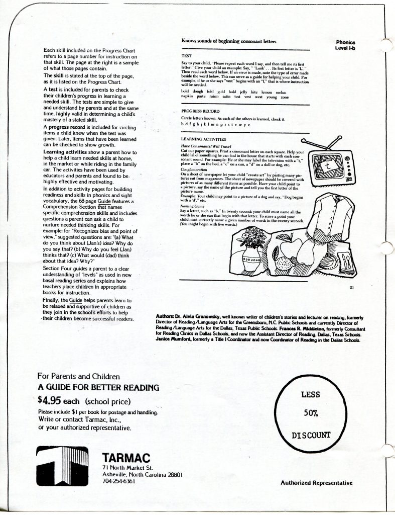 It is a document about phonics instruction for children and guidance for parents. The page is titled Knows sounds of beginning consonant letters, Phonics Level 1-b. It includes a Test with a sample word list, a Progress Record with alphabet letters to mark, and Learning Activities. The left column describes progress charts, comprehension skills, and how parents can help. At the bottom is an ad A Guide for Better Reading priced 4.95 with TARMAC contact in Asheville, North Carolina. A circle states LESS 50 percent DISCOUNT.
