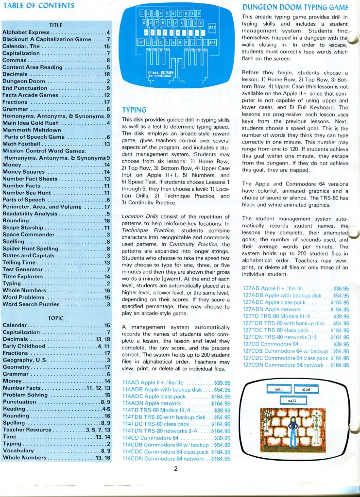 This is a document about an educational software catalog page focused on typing. Left column shows a table of contents with titles and topics such as Alphabet Express, Commas, Fractions, Grammar, Money, Spelling, Typing, Word Problems, and more. Center features a blue keyboard diagram and text describing guided typing drills with lessons like Home Row, Top Row, Bottom Row, Upper Case, Full Keyboard, and Speed Test, plus a student management system. Right column details the Dungeon Doom Typing Game for Apple, Commodore, and TRS 80. Bottom lists product codes and prices, with a small game screenshot.