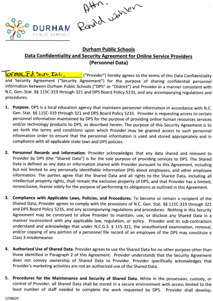 This is a document scan about Durham Public Schools Data Confidentiality and Security Agreement for Online Service Providers (Personnel Data). It includes the DPS logo and header, handwritten notes at the top, and a highlighted provider entry. The first page outlines sections: 1. Purpose, 2. Personnel Records and Information, 3. Compliance with Applicable Laws, Policies, and Procedures, 4. Authorized Use of Shared Data, and 5. Procedures for the Maintenance and Security of Shared Data. It references N.C. Gen. Stat. 115C-319 through 321 and DPS Board Policy 5235, defines Shared Data, limits use and ownership, and requires secure storage.