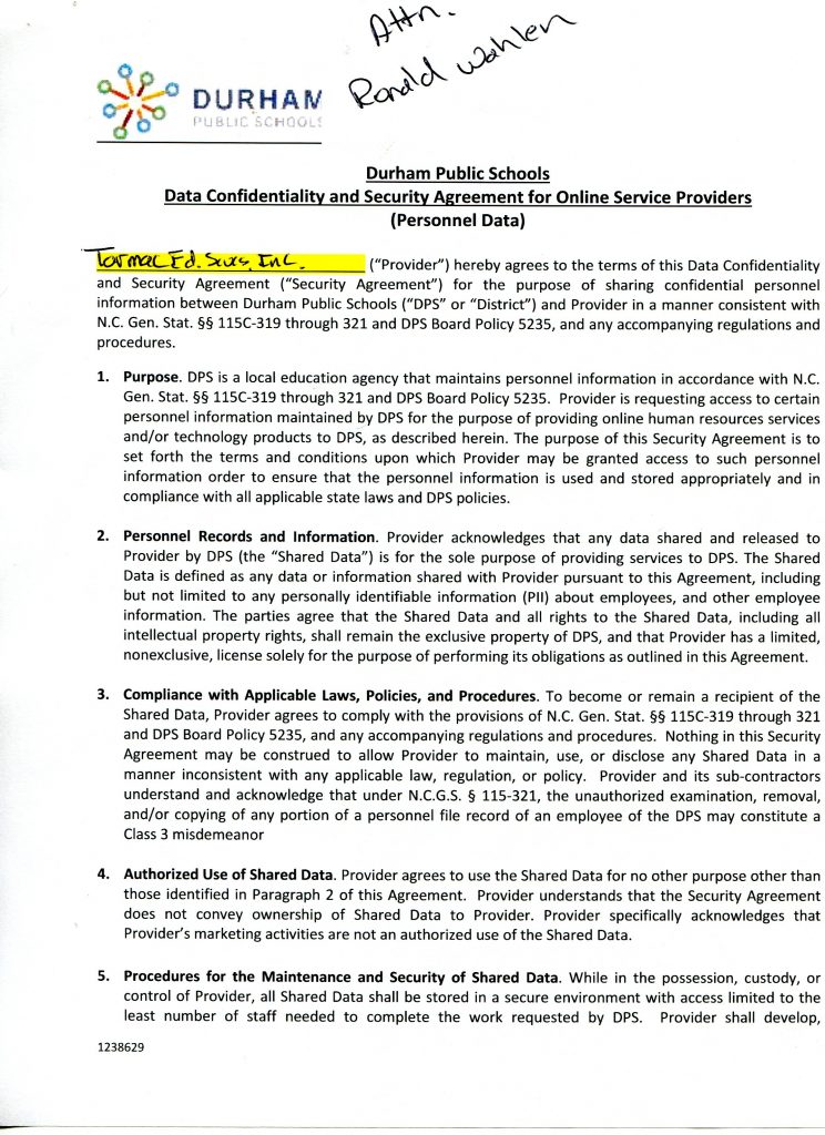 This is a document scan about a Durham Public Schools Data Confidentiality and Security Agreement for Online Service Providers, focused on personnel data. The DPS logo appears at top left. At top right is a handwritten note, Attn: Ronald Wahlen. A provider name, Tarmac Ed. Svcs., Inc., is handwritten and highlighted near the first paragraph. The page lists numbered sections 1 to 5: Purpose, Personnel Records and Information, Compliance with applicable laws and policies, Authorized Use of Shared Data, and Procedures for the Maintenance and Security of Shared Data. Black text on white.